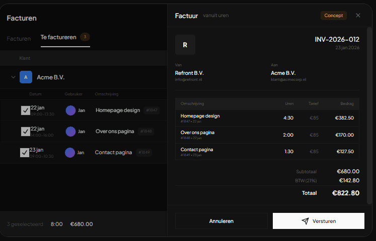 Refront - AI workflow automatiseringsplatform: Refront Facturatie