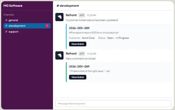 Refront Slack integration - Real-time ticket notifications in Slack