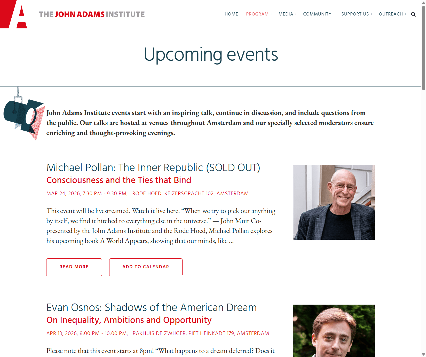 The John Adams Institute - Hosting, onderhoud & OVAS-koppeling: John Adams Institute Events